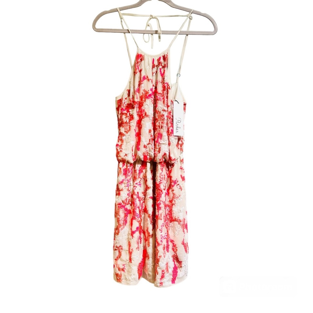 NWT Parker cream, pink, and neon pink sequin party dress, size medium